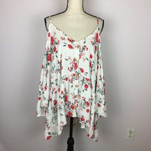 Torrid Cold Shoulder Blouse 5X Womans Plus White Red Floral Button Front Rayon
